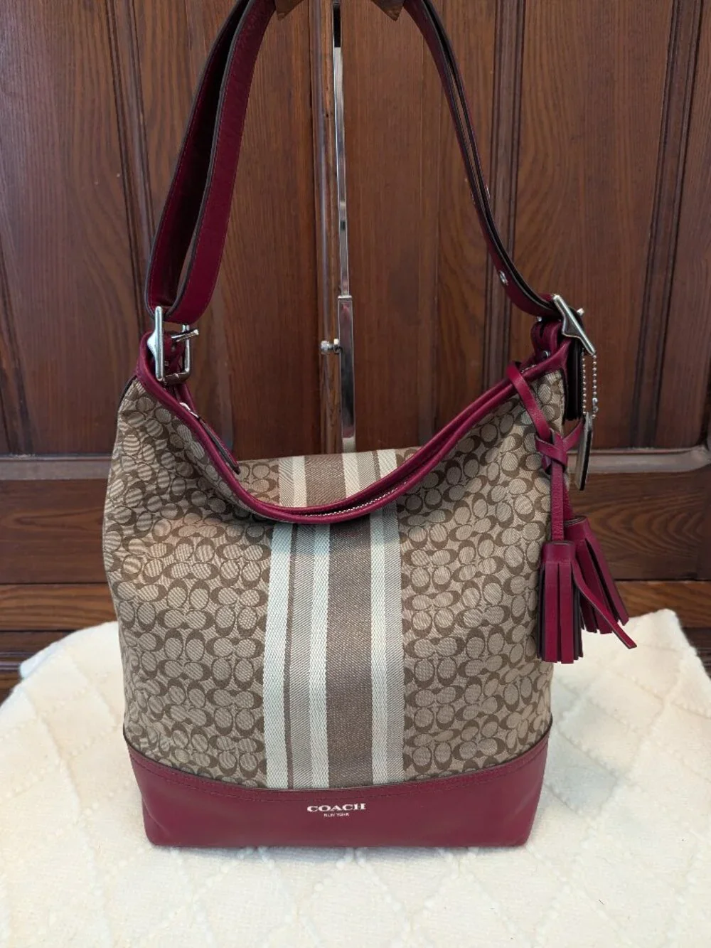 Coach Legacy Signature Stripe Canvas Leather Trim Hobo Shoulder Bag Khaki/ Red